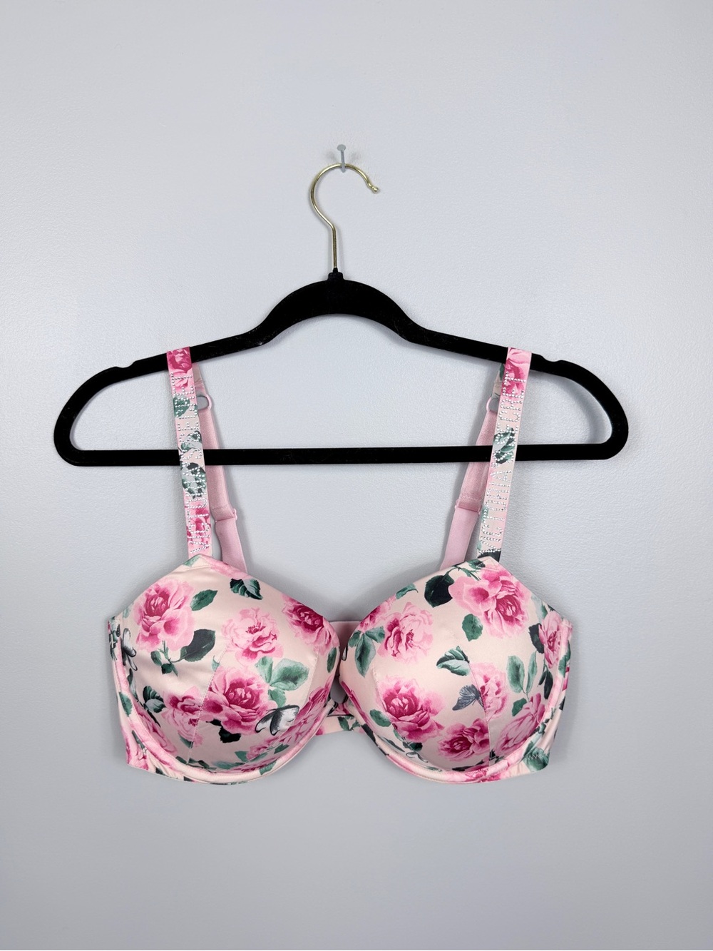 Victoria’s Secret pink floral shine bling strap Very Sexy push-up bra size 36DD